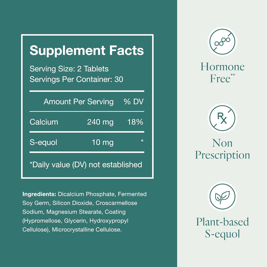 EQUELLE Multi-Symptom Menopause Relief Supplement for Women, Plant-Based S-Equol, Non-Hormonal & Non-Prescription, Fewer Hot Flashes, More Sleep, Relieves Muscle Aches, 60 Tablets