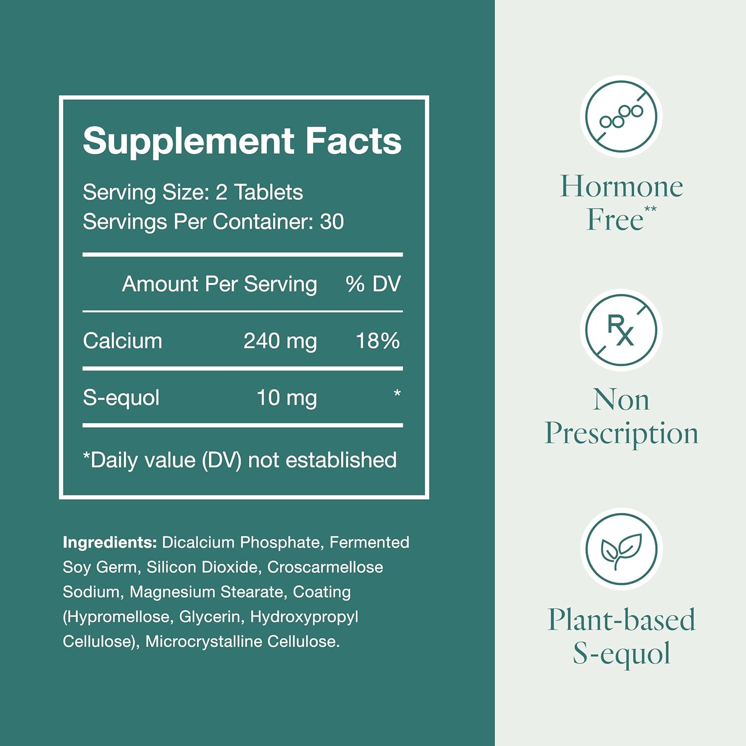 EQUELLE Multi-Symptom Menopause Relief Supplement for Women, Plant-Based S-Equol, Non-Hormonal & Non-Prescription, Fewer Hot Flashes, More Sleep, Relieves Muscle Aches, 60 Tablets