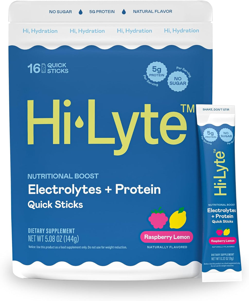 Hi-Lyte Electrolytes + Protein Quick Sticks Raspberry Lemon, 16 Servings