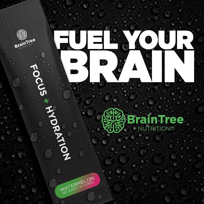 BrainTree Nutrition - Focus + Hydration - Electrolyte Drink Mix - Total Body Hydration - Supports Cognitive Function, Energy & Muscle Recovery - Sugar Free - Watermelon - 30 Stick Packs