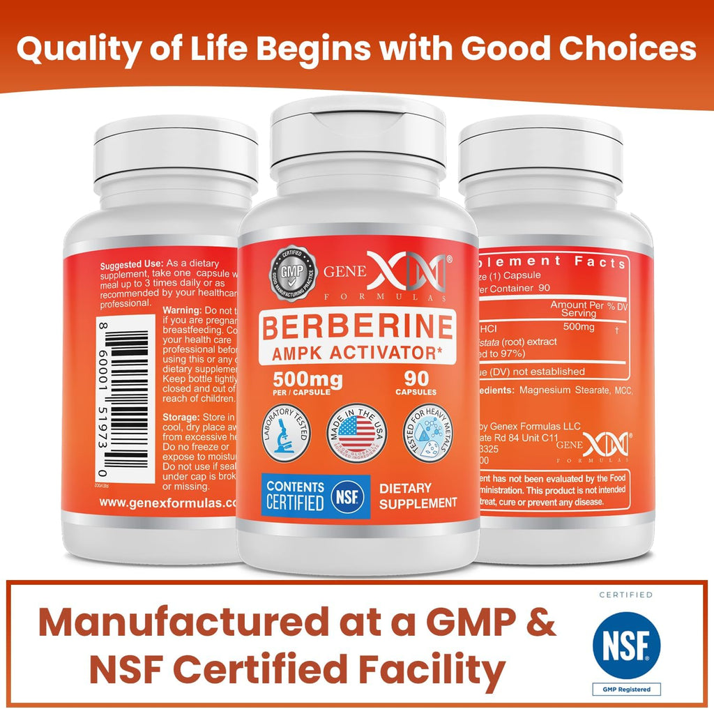 Genex Formulas Berberine HCl 500mg (3 Pack) - NSF Certified for Safety, Quality & Label Accuracy - Supports Immune Health - Non-GMO, Gluten Free, Vegetarian