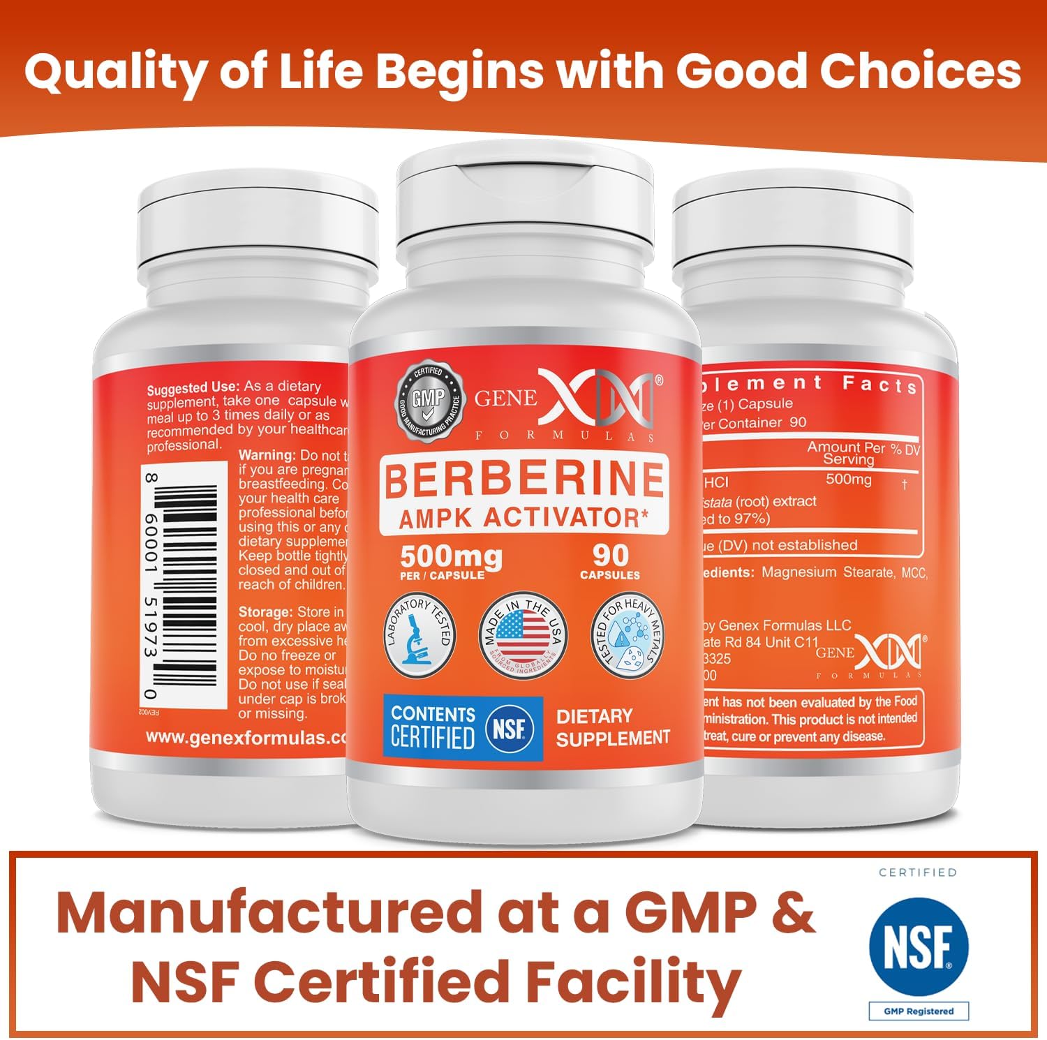 Genex Formulas Berberine HCl 500mg (3 Pack) - NSF Certified for Safety, Quality & Label Accuracy - Supports Immune Health - Non-GMO, Gluten Free, Vegetarian