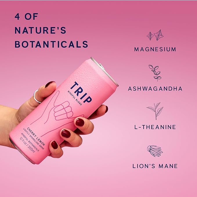 TRIP Lightly Sparkling Adaptogen Seltzer, Non-Alcoholic Mocktail with Magnesium, Ashwagandha, Lions Mane & L Theanine, No Added Sugar, Vegan, Citrus Berry Variety Pack, 12 Oz, 12Pk