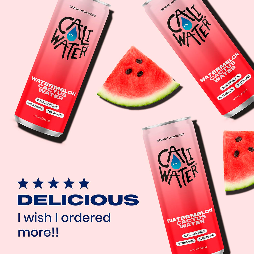 Caliwater - Organic Cactus Water - Watermelon - 5g Sugar, 35 Calories - Half Sugar of Coconut Water - Natural Plant Based Hydration - Skin Care, Electrolyte Drinks - Flavored Water Beverages - 12 Cans