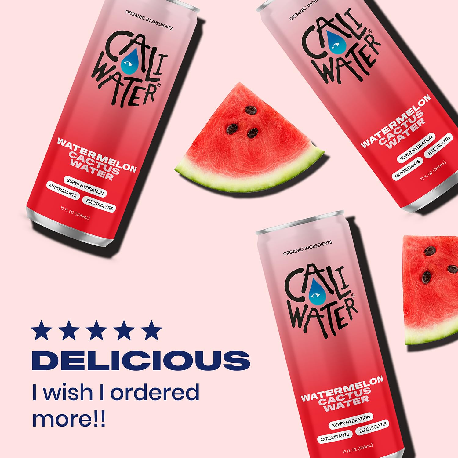 Caliwater - Organic Cactus Water - Watermelon - 5g Sugar, 35 Calories - Half Sugar of Coconut Water - Natural Plant Based Hydration - Skin Care, Electrolyte Drinks - Flavored Water Beverages - 12 Cans