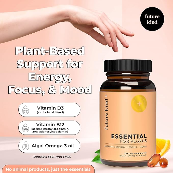 Future Kind 3 in 1 Daily Multivitamin - for Energy, Clarity, Active Wellness Support with B12, D3, and Algal Omega-3 - Essential Vegan Multivitamin for Women & Men - Tiny Citrus Softgels (60 Count)