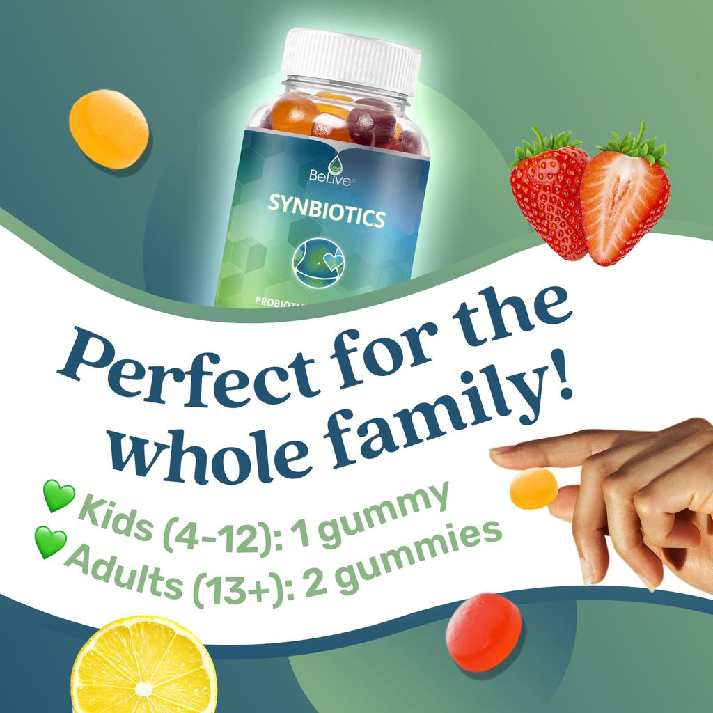 BeLive Synbiotics - Probiotic & Prebiotic Fiber Gummies – High Strength Inulin (3g), Dietary Fiber Supplement, Digestive Support for Kids & Adults - Strawberry, Lemon, Blueberry Flavor (60Ct)