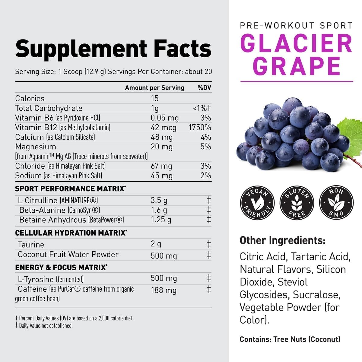 Kaged Sport Pre Workout Powder for Men & Women, Glacier Grape, Sport Certified, 188mg Caffeine, Nitric Oxide Supplement, Beta Alanine for Energy, Weightlifting, Cardio Endurance, Strength, 20 Servings