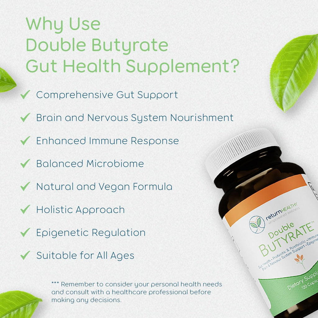 Double Butyrate Gut Health Supplement | Probiotic & Postbiotic Digestive Supplements for Gut Support | Enhances Immune, Brain, & Nervous System Function | Odor-Free Formula | 120 caps