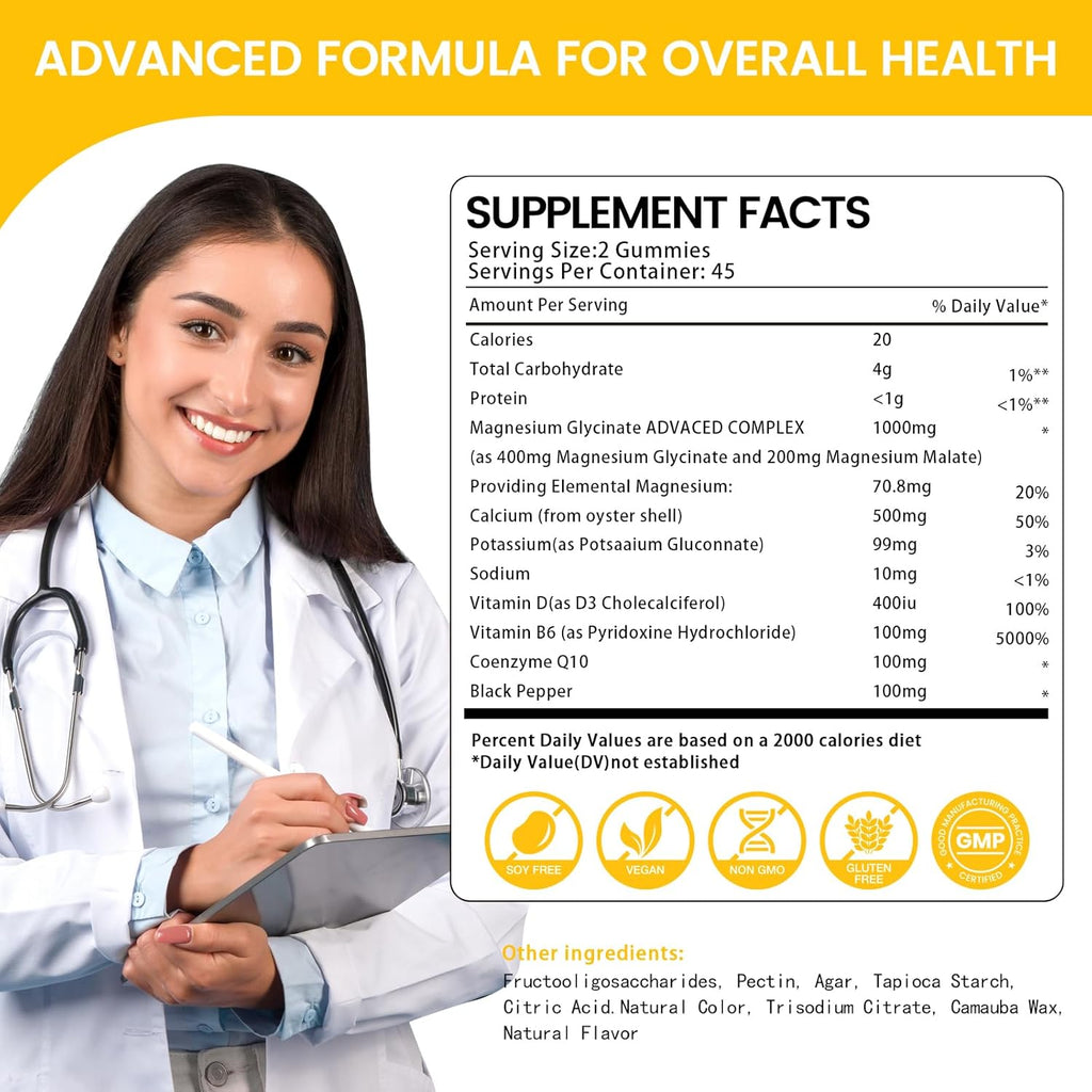 Magnesium Glycinate Gummies 1000mg, High Absorption Sugar Free Magnesium Potassium Supplement for Relaxation, Stress Relief, and Sleep Support for Adults & Kids - 90 Mango Pineapple Gummies