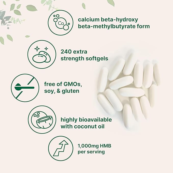 HMB 1,000mg | 240 Softgels with Coconut Oil | Highly Bioavailable | HMB Supplements for Men & Women | Calcium Beta-Hydroxy Beta-Methylbutyrate | Supports Lean Muscle Mass & Muscle Recovery