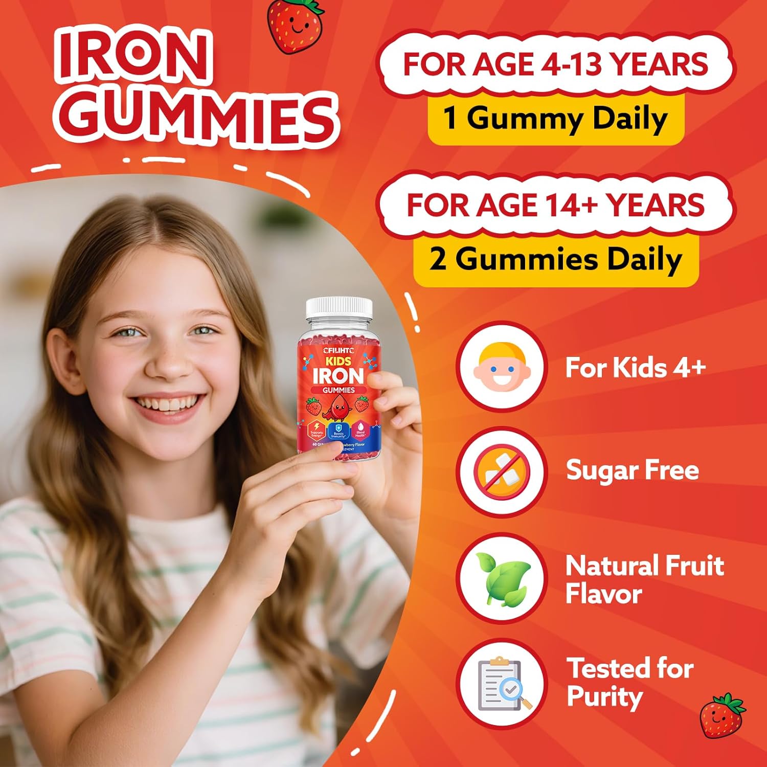 Iron Gummies for Kids & Teens, Kids Multivitamin with Iron Supplement, Calcium, Folate, Zinc, Prebiotic - for Blood Builder & Energy Support, Iron Deficiency - Vegan & Non-GMO - 60 Count