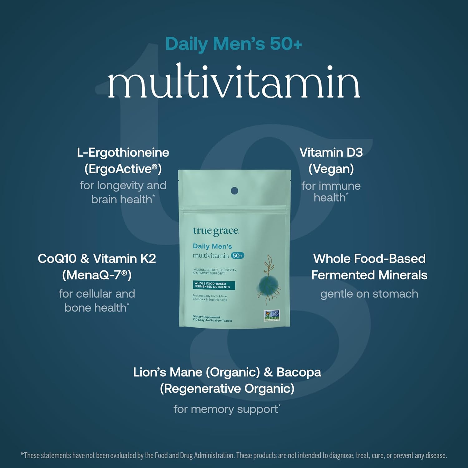 True Grace Daily Men’s Multivitamin 50+ - 120 Easy-to-Swallow Tablets - Immune, Energy, Longevity & Memory Support - Gluten Free, Soy Free, Vegan - 60 Servings