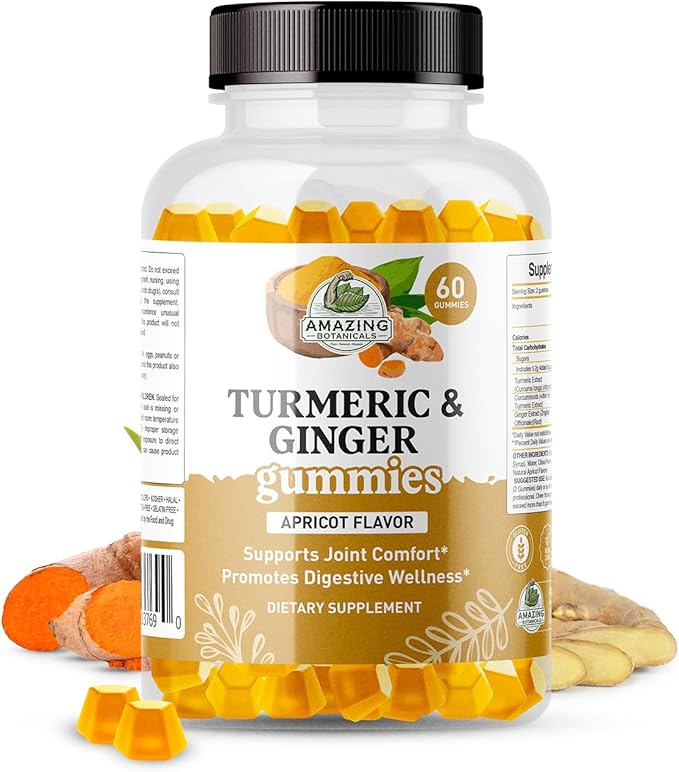 Amazing Botanicals Turmeric & Ginger Gummies – 270 mg Turmeric Extract & 12 mg Ginger per Serving – Apricot Flavor – 60 Gummies – Vegan, Gluten-Free, Non-GMO – Dietary Supplement