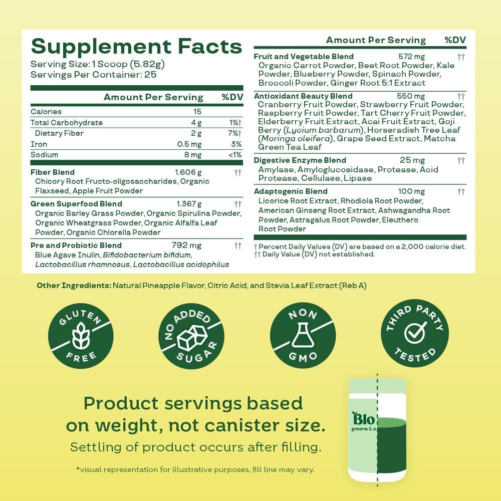 Bloom Nutrition Superfood Greens Powder, Digestive Enzymes with Probiotics and Prebiotics, Gut Health, Bloating Relief for Women, Chlorella, Green Juice Mix with Beet Root Powder, 25 SVG, Pineapple