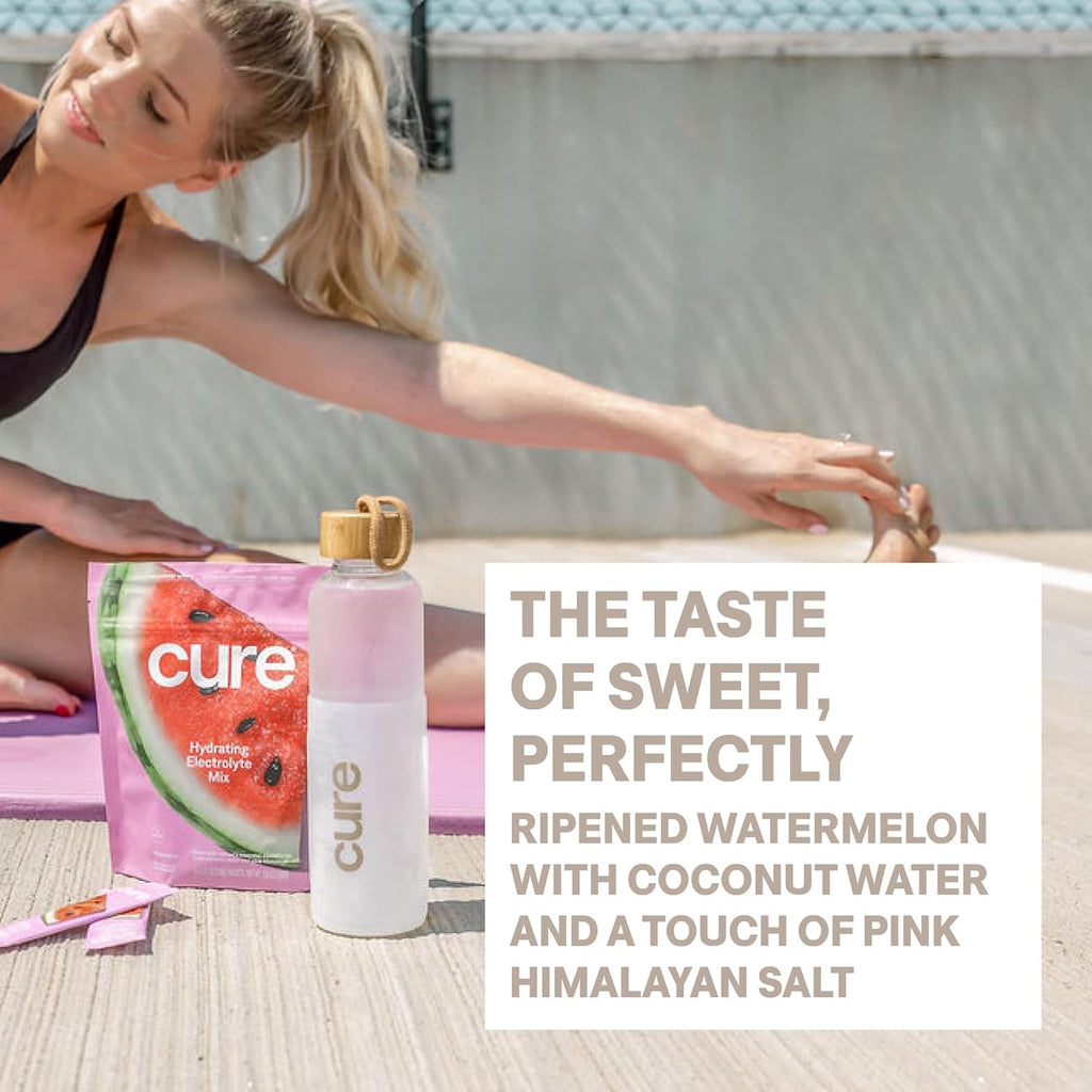 Cure Hydration | Plant-Based Electrolyte Drink Mix | No Added Sugar | FSA-HSA | Dehydration Relief Powder Made with Coconut Water | Non-GMO | Vegan | Pouch of 14 Packets - Watermelon