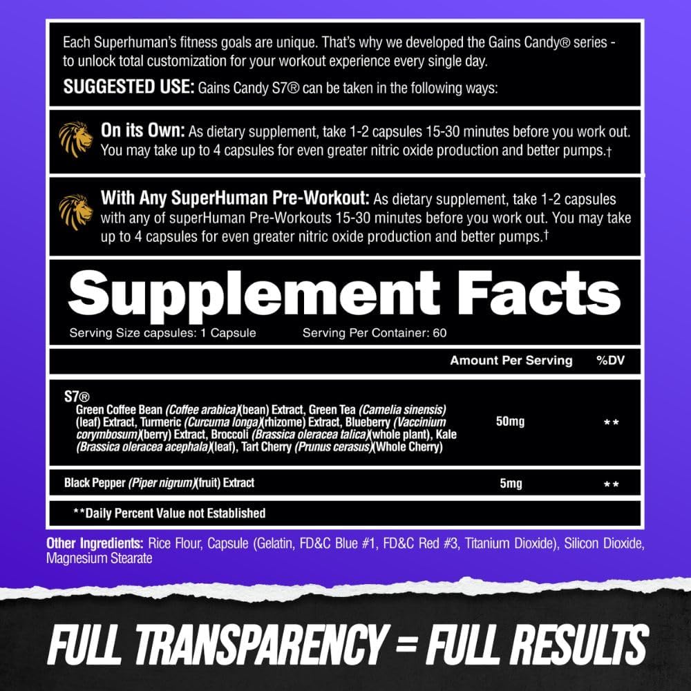 ALPHA LION Gains Candy, Supplement Pills for Muscle Pump & Blood Flow, Nitric Oxide Booster, Supports Mental Focus, Use Daily to Upgrade Workout Performance, 60 Capsules (S7)
