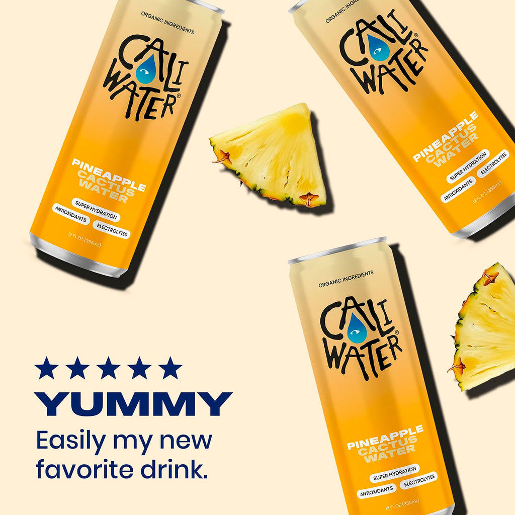 Caliwater - Organic Cactus Water - Pineapple - 5g Sugar, 35 Calories - Coconut Water Alternative - Natural Plant Based Hydration - Skin Care, Electrolyte Drinks - Flavored Water Beverages - 12 Cans