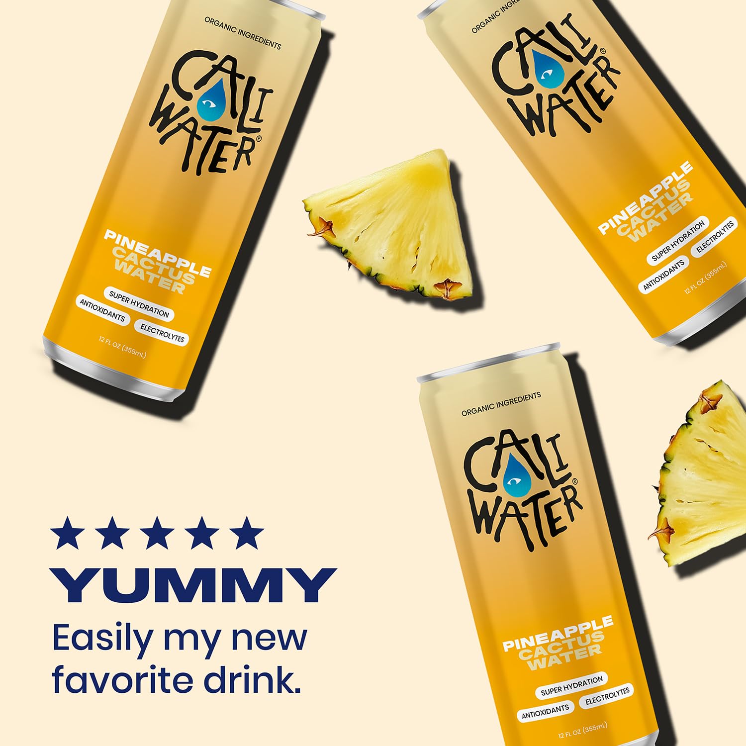 Caliwater - Organic Cactus Water - Pineapple - 5g Sugar, 35 Calories - Coconut Water Alternative - Natural Plant Based Hydration - Skin Care, Electrolyte Drinks - Flavored Water Beverages - 12 Cans