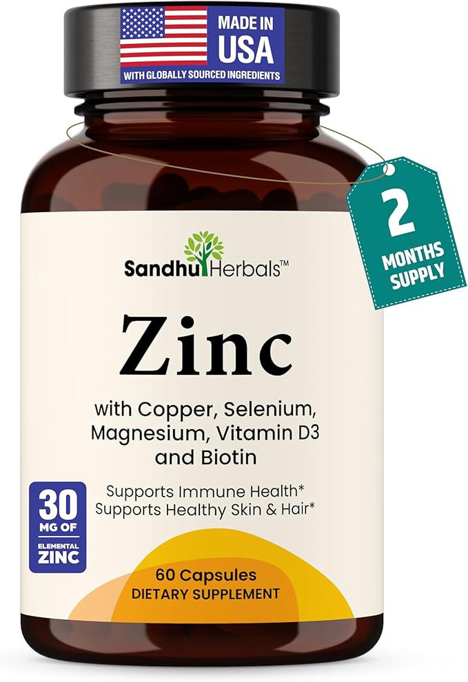 Zinc 30mg with Copper, Selenium & Vitamin D3 | 60 Capsules | Magnesium, Vitamin B6, Biotin | Absorbable Zink Supplements for Men & Women | Chelated Zinc for Immune Health, Skin, Hair, & Nails Support