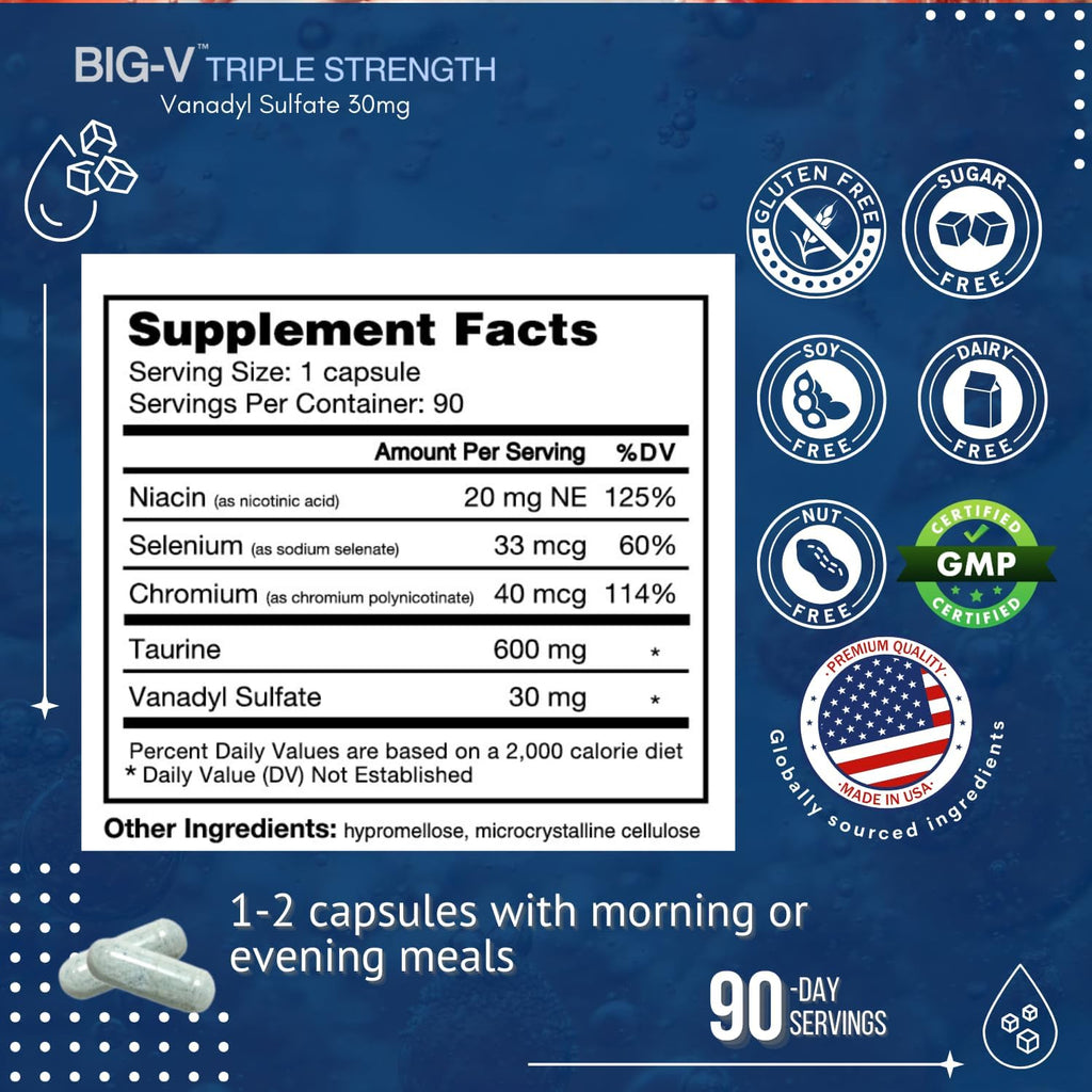 Big-V Triple Strength Vanadyl Supplement: Vanadyl Sulfate 30 mg, Taurine 600 mg, Selenium, Chromium and Niacin, Blended Mineral Supplement Capsules 90 ct