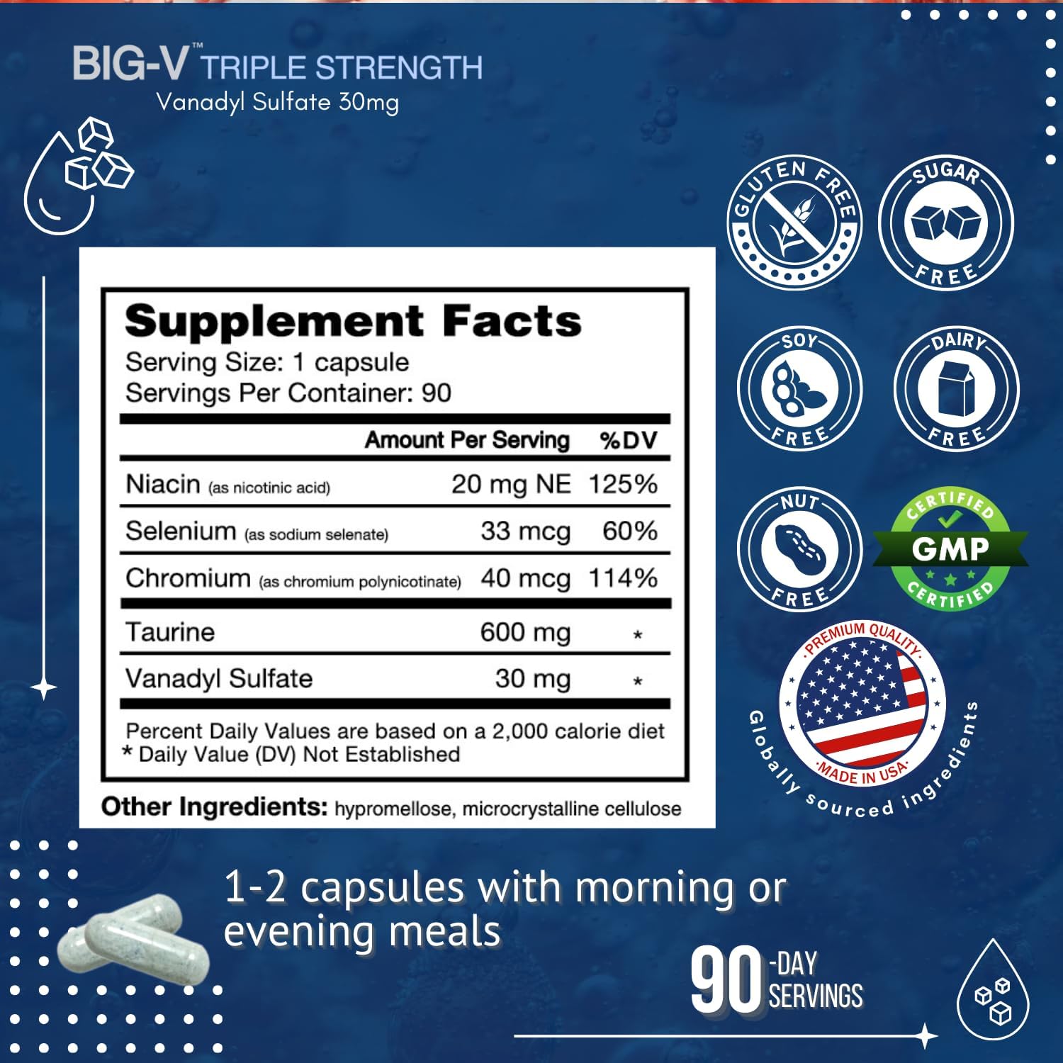 Big-V Triple Strength Vanadyl Supplement: Vanadyl Sulfate 30 mg, Taurine 600 mg, Selenium, Chromium and Niacin, Blended Mineral Supplement Capsules 90 ct