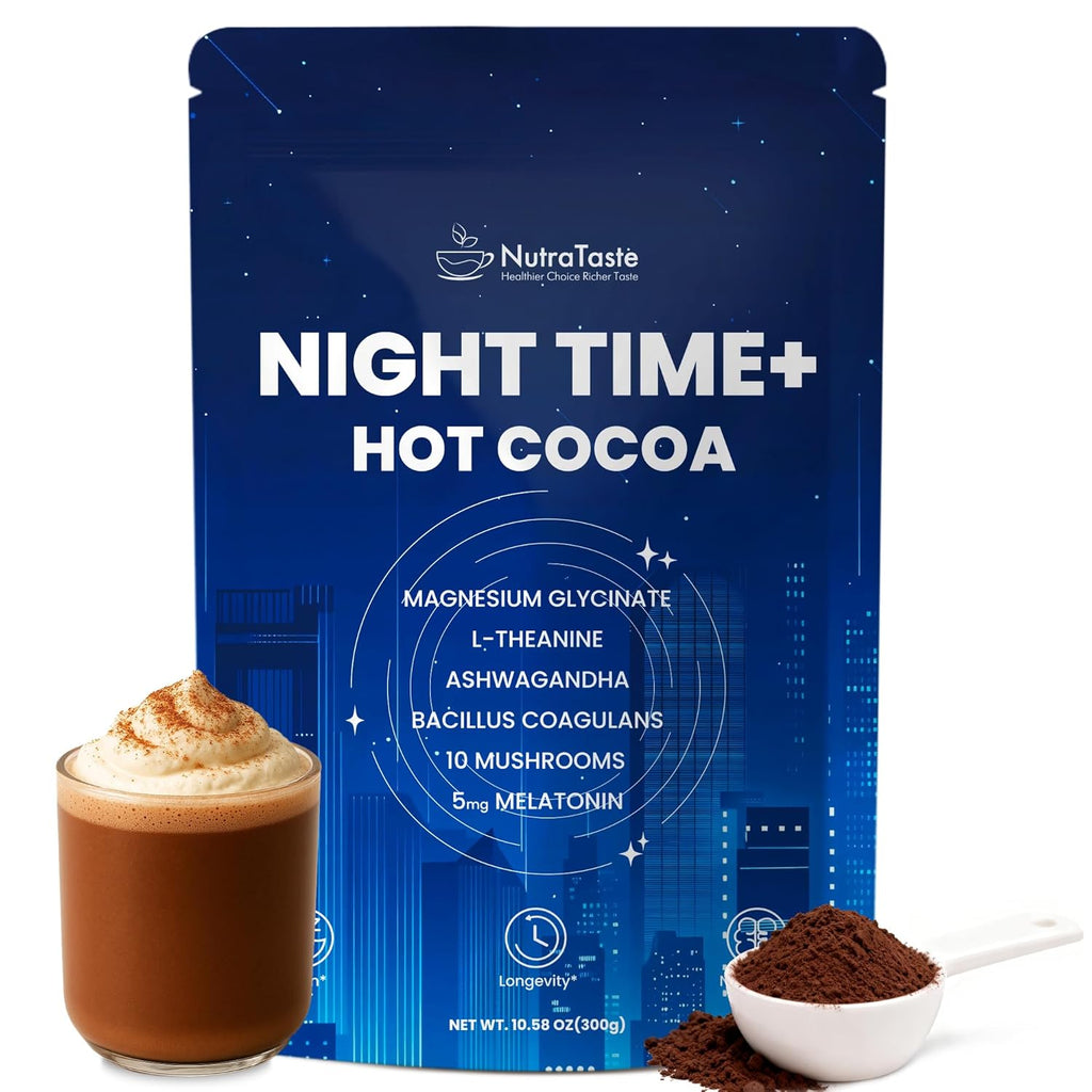 Magnesium Hot Cocoa for Sleep, Superfood Cocoa Powder, 10 Mushroom Blend with Magnesium Glycinate, 5mg Melatonin, L-Theanine & Ashwagandha | Calm & Relax Support | Non-GMO, Dairy-Free, 10.58 OZ