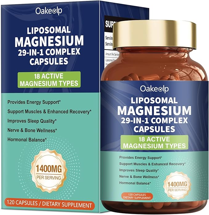 29-in-1 Liposomal 18 Active Types Magnesium Complex 1400MG Capsule,Mild & Efficient, L-Threonate Glycinate Malate etc, Extra Vitamin B6 B12 D3K2 & CoQ10, Relaxation Nerve* & Hert* Support