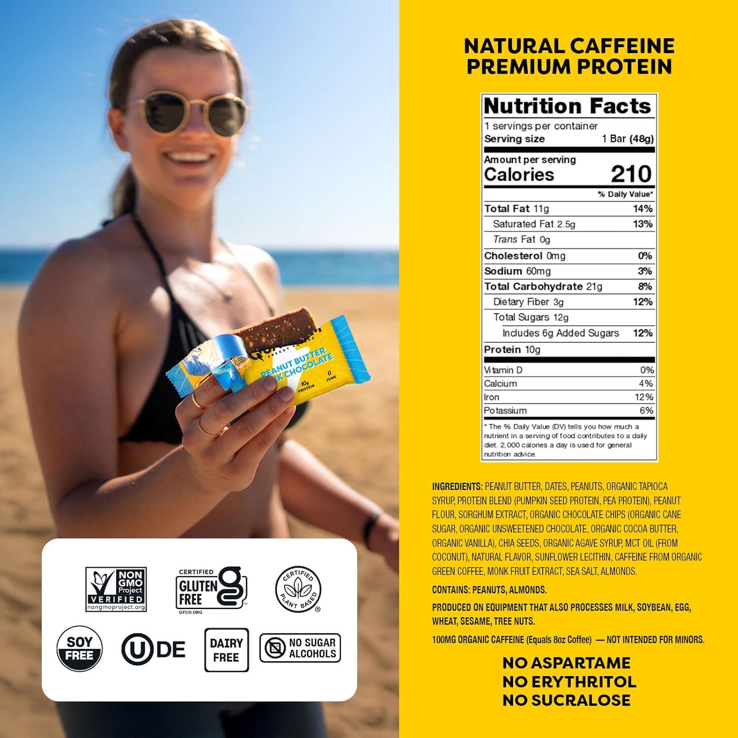 Quantum Energy Square: Energy Bar with Caffeine & 10g Protein. Delicious Healthy Snack On The Go. (Vegan, Gluten-free, Soy-free, Dairy-free) (Peanut Butter Dark Chocolate)