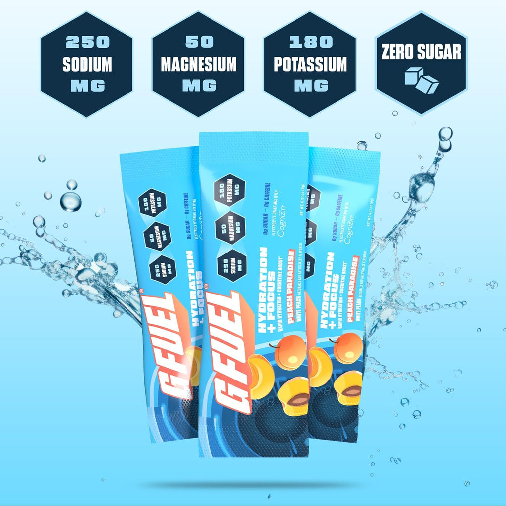 G Fuel Electrolytes Powder for Instant Hydration and Focus | Sugar Free, Peach Flavor, Electrolyte and Nootropic Drink Mix to Sharpen Mental Focus, 20 Servings