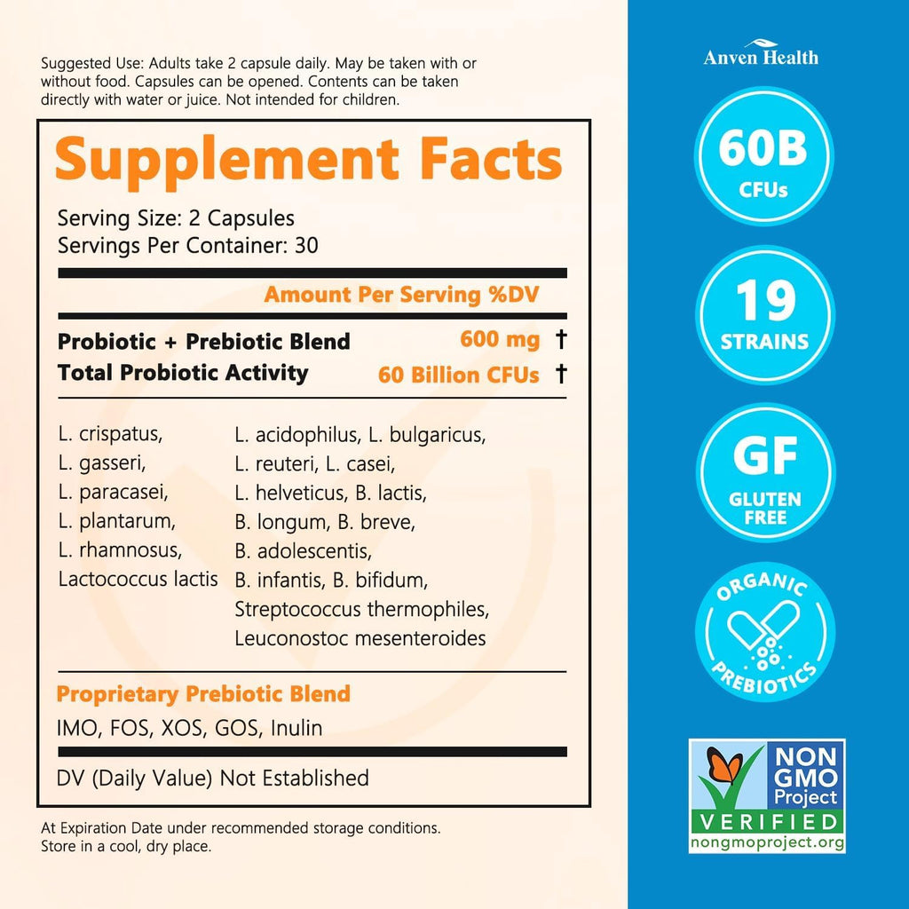 60 Billion Probiotics for Women and Men 19 Strains 5 Organic Prebiotics for Gut Digestive & Immune Health, Supports Diarrhea Gas Bloating, Non-GMO, Zero Fillers – Made in USA丨60 Caps