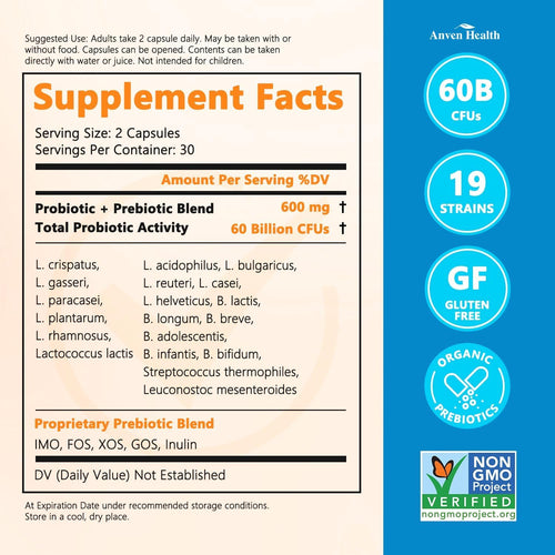 60 Billion Probiotics for Women and Men 19 Strains 5 Organic Prebiotics for Gut Digestive & Immune Health, Supports Diarrhea Gas Bloating, Non-GMO, Zero Fillers – Made in USA丨60 Caps