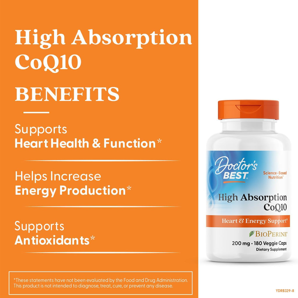 Doctor's Best High Absorption CoQ10, Heart & Energy Support, USP Verified, Naturally Fermented CoQ10, Non-GMO Gluten Free, Soy Free, Vegan 180 Veggie Caps