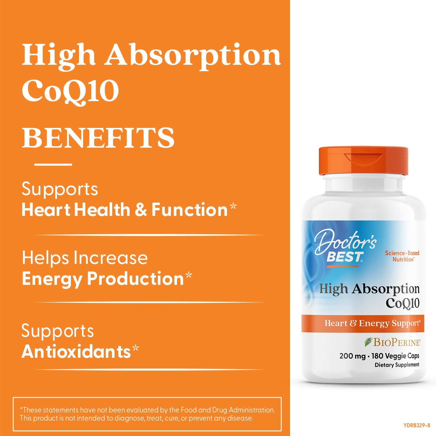 Doctor's Best High Absorption CoQ10, Heart & Energy Support, USP Verified, Naturally Fermented CoQ10, Non-GMO Gluten Free, Soy Free, Vegan 180 Veggie Caps