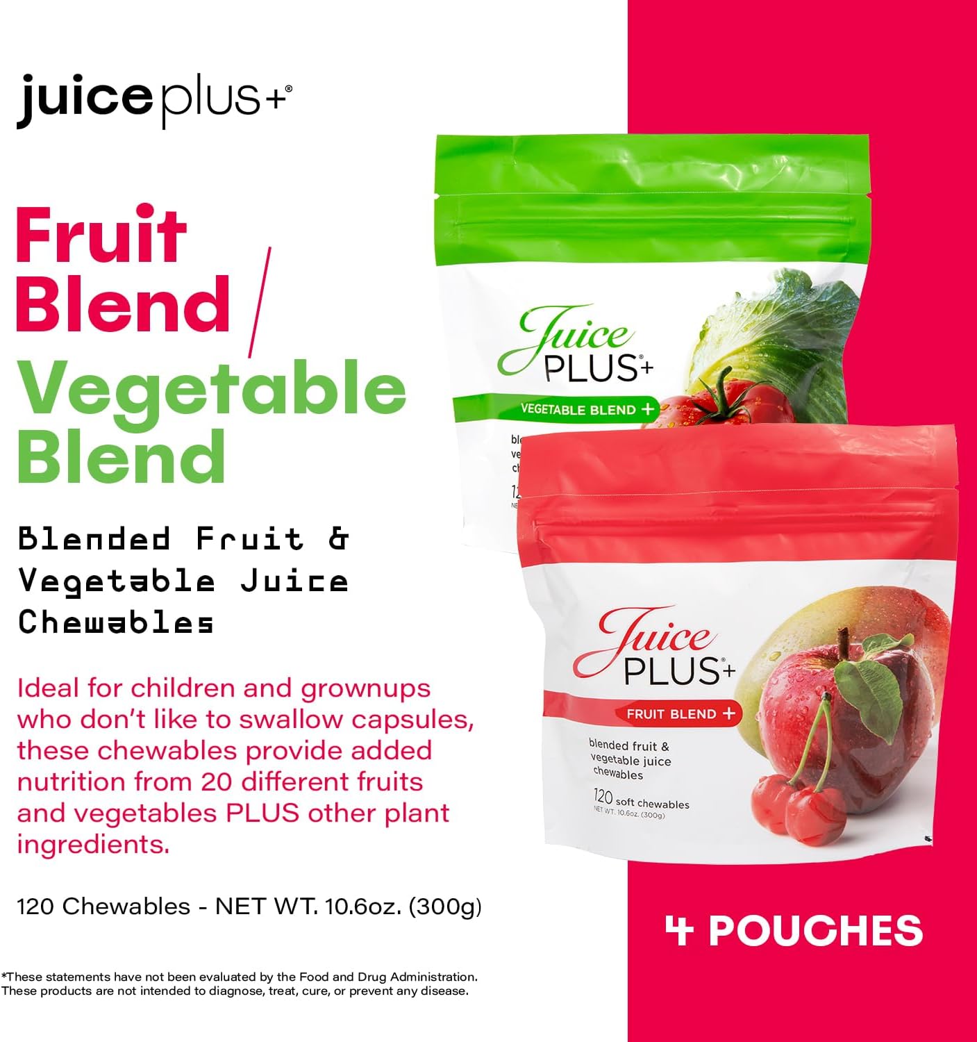JuicePlus+ Fruit & Vegetable Blend Soft Chews - Tasty Vegan Fruit, Veggie Gummy Vitamins for Adults & Kids - 4 Month Supply 4 packs (2 of each flavor)