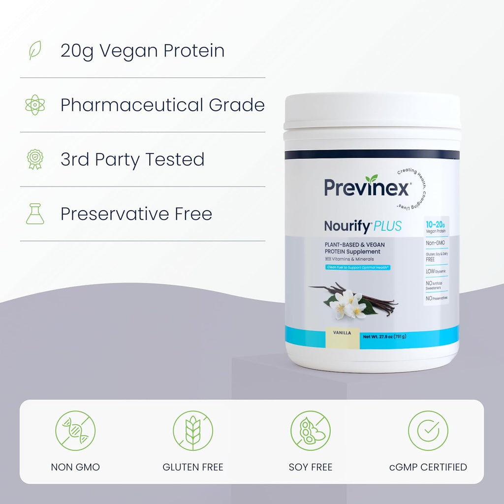 Nourify Plus Plant-Based Protein Shake - All Natural Vegan Protein Powder, High Protein & Low Sugar, Gluten Free, Soy Free & Dairy Free, Vanilla Protein Powder (27.7 oz)