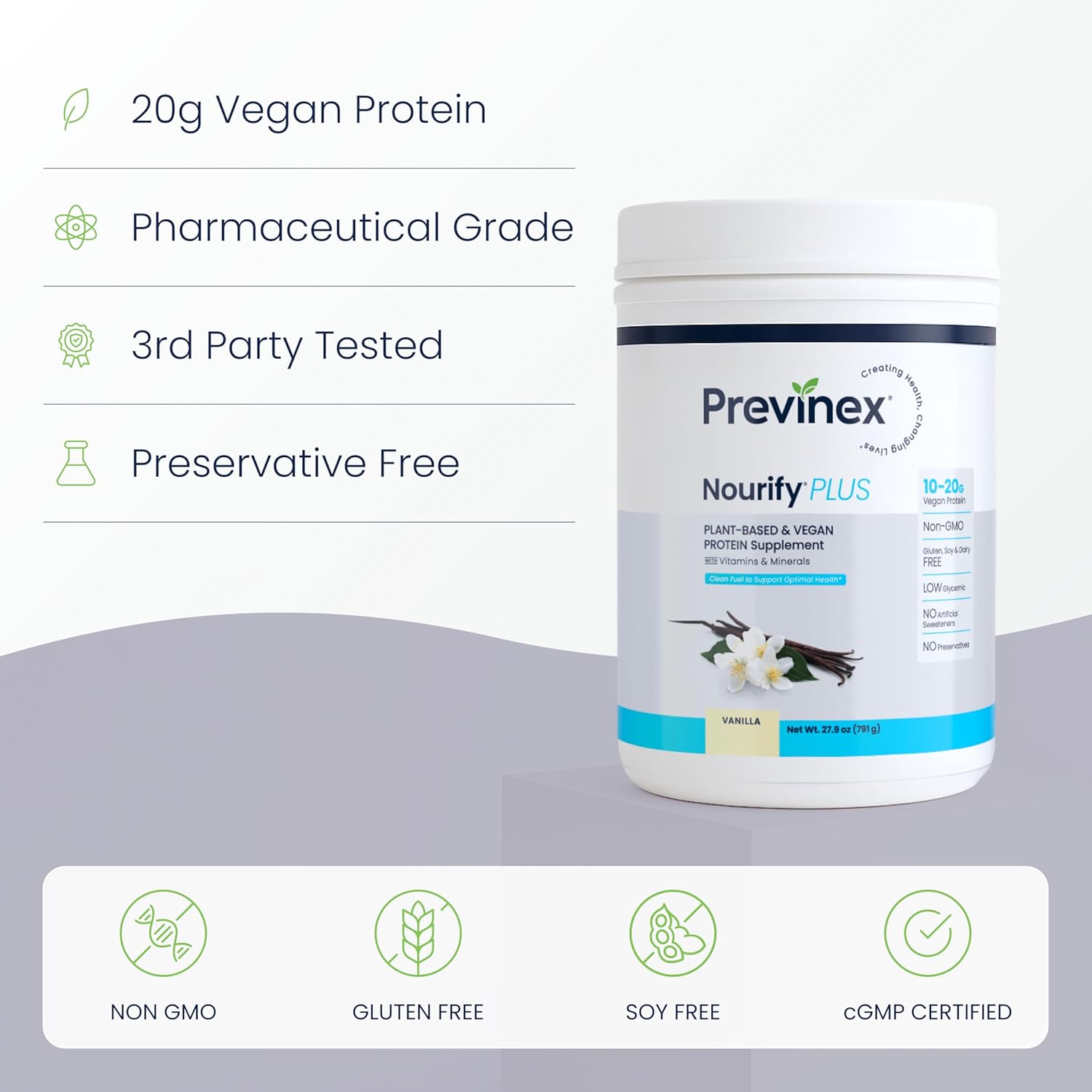Nourify Plus Plant-Based Protein Shake - All Natural Vegan Protein Powder, High Protein & Low Sugar, Gluten Free, Soy Free & Dairy Free, Vanilla Protein Powder (27.7 oz)