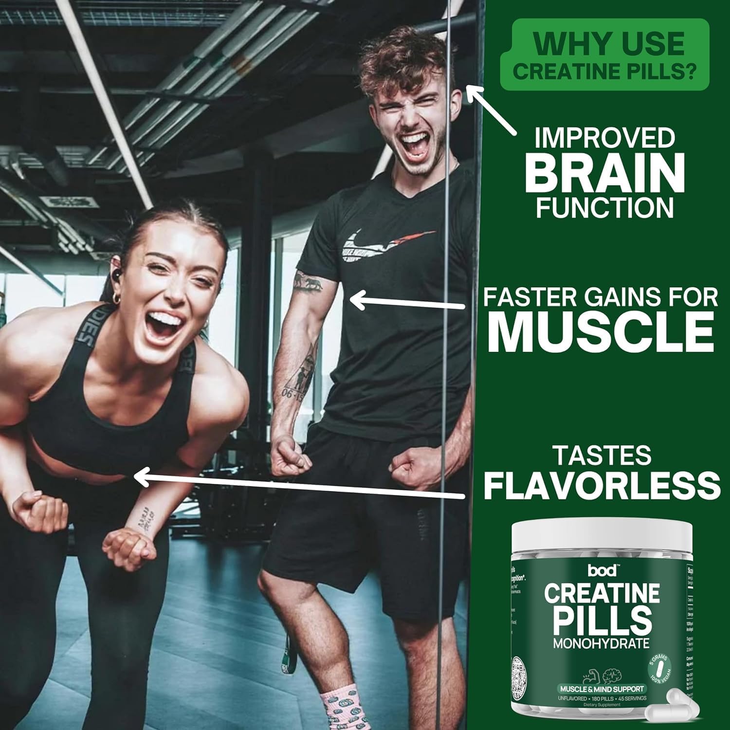 BOD Creatine Monohydrate Pills for Muscle Support, Vegan Pre or Post-Workout Creatine Capsules for Women and Men, 5g Micronized & Instantized, Creatina Monohidratada, 180 Capsules