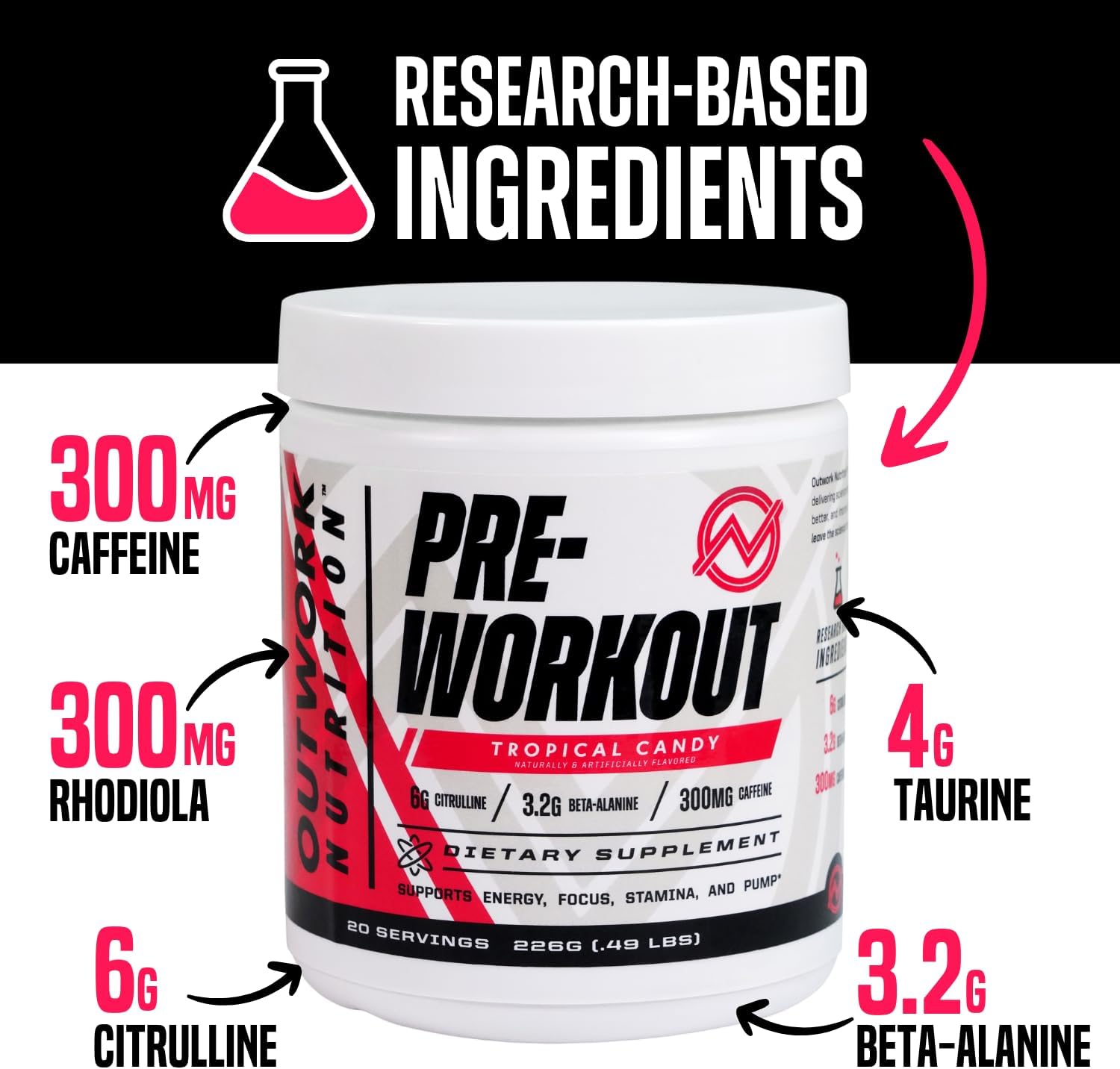 Outwork Nutrition Pre Workout Powder for Men & Women - Pre-Workout Supplements Without Creatine, Nootropic Preworkout with Citrulline Malate Beta Alanine Taurine Rhodiola Caffeine (Tropical Candy)