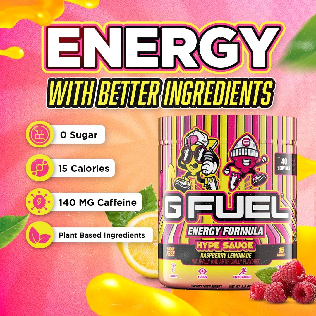 G Fuel Hype Sauce Energy Drink Powder, Pre Workout Caffeine Mix for Gaming, Sugar Free Focus Amino, Vitamin + Antioxidants, 9.9oz (Raspberry Lemonade, 40 Servings)