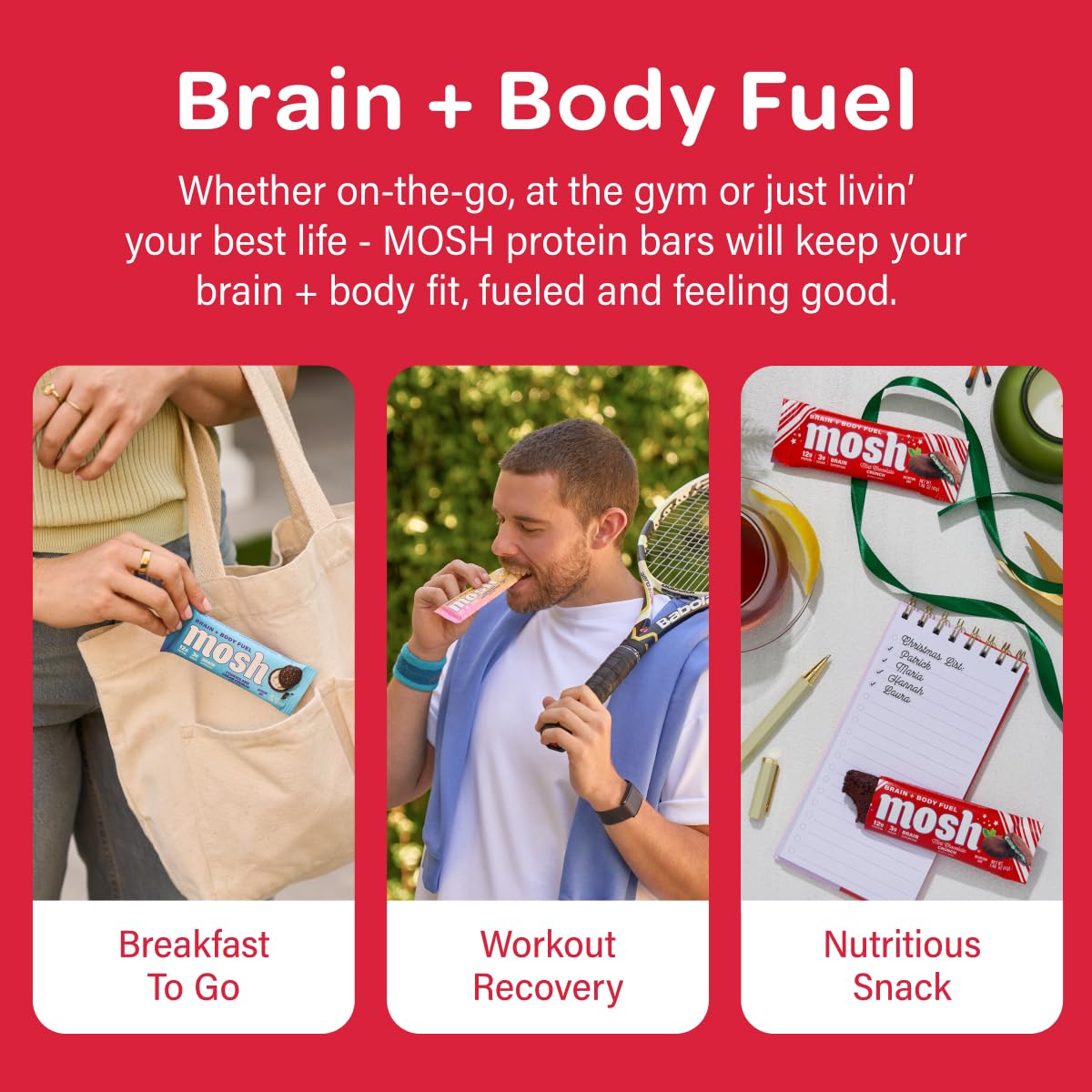 MOSH Mint Chocolate Crunch Keto Protein Bars, High Protein, Gluten Free, Brain Healthy Snack with Ashwagandha and Lions Mane, 12 Count