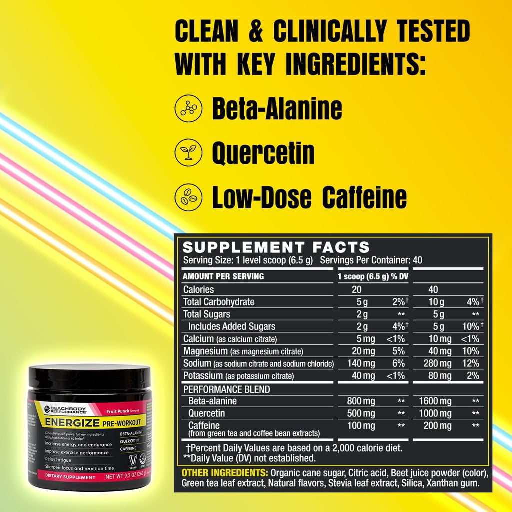 BODi Energize Pre Workout Powder - Beta-Alanine, Quercetin & Low-Dose Caffeine Formula for Enhanced Energy & Focus, Increase Energy & Endurance Supplement, Fruit Punch, 40 Servings