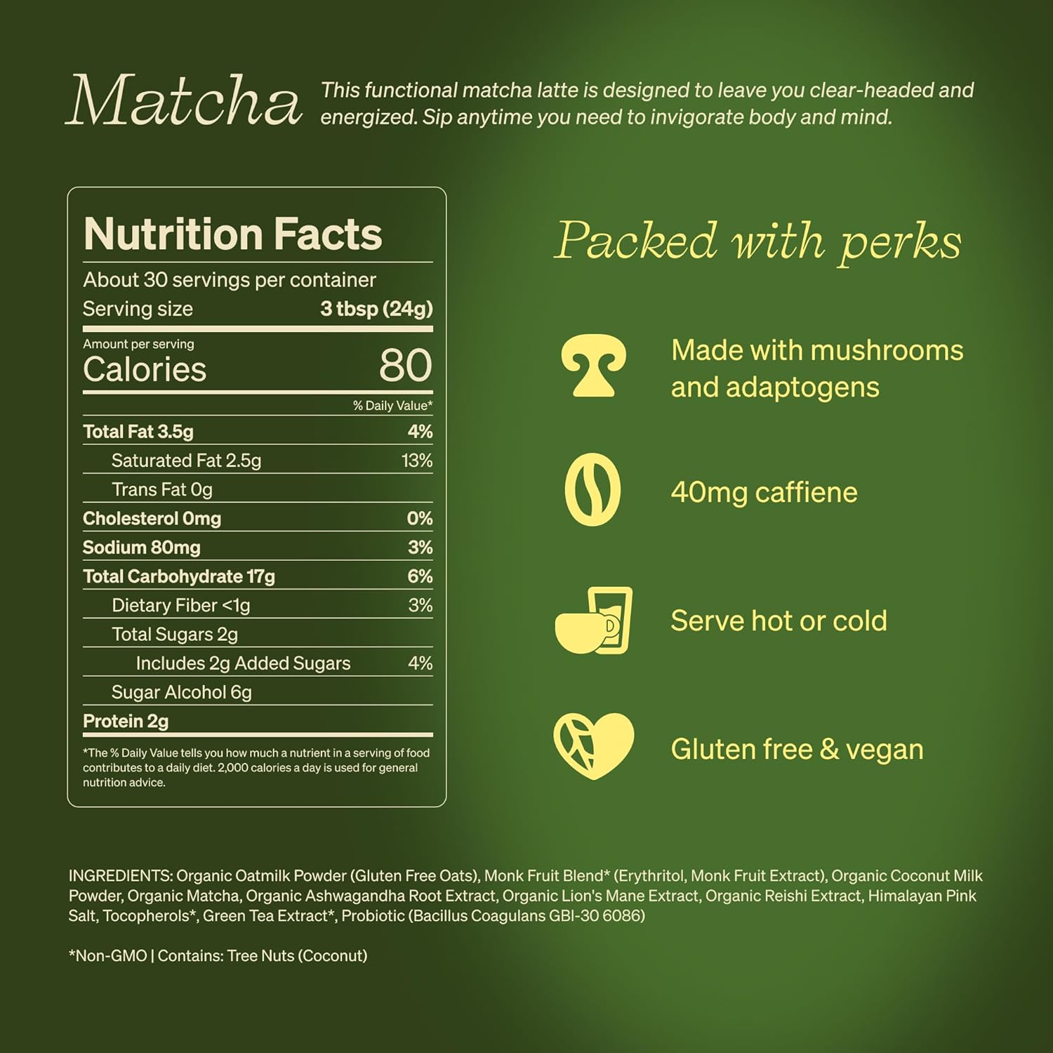 Clevr Blends Organic Matcha Green Tea Latte, Instant Ceremonial Grade, Superfood Powder Blend with Oat Milk, Lions Mane, Reishi Mushroom, Coconut Cream, Ashwagandha, Serve Hot or Iced, (30 Lattes)