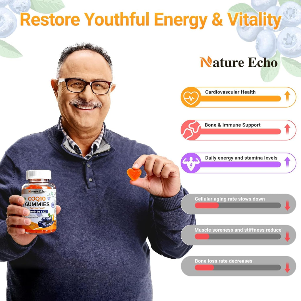 CoQ10 Gummies, Coenzyme Q10 Supplement 100mg with Vitamin D3 2000 IU & K2 100mcg, Sugar Free, Heart Health, Bone Support & Antioxidant, Vegan, Non-GMO, Blueberry Flavor - 60 Gummies
