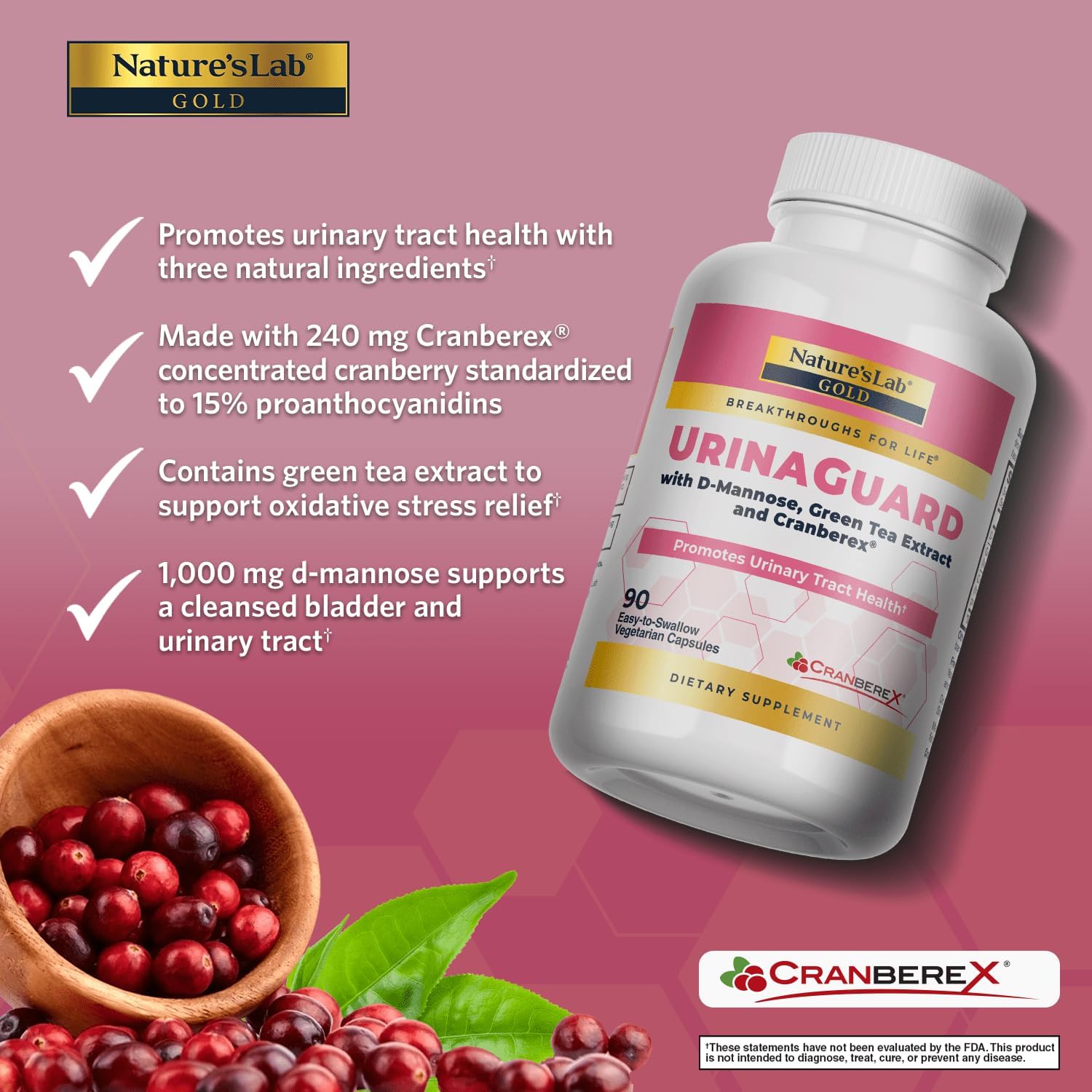 Nature's Lab Gold UrinaGuard - Premium Urinary Tract Support with D-Mannose, Cranberry Extract & Green Tea - 90 Vegetarian Capsules for Women's Bladder Health