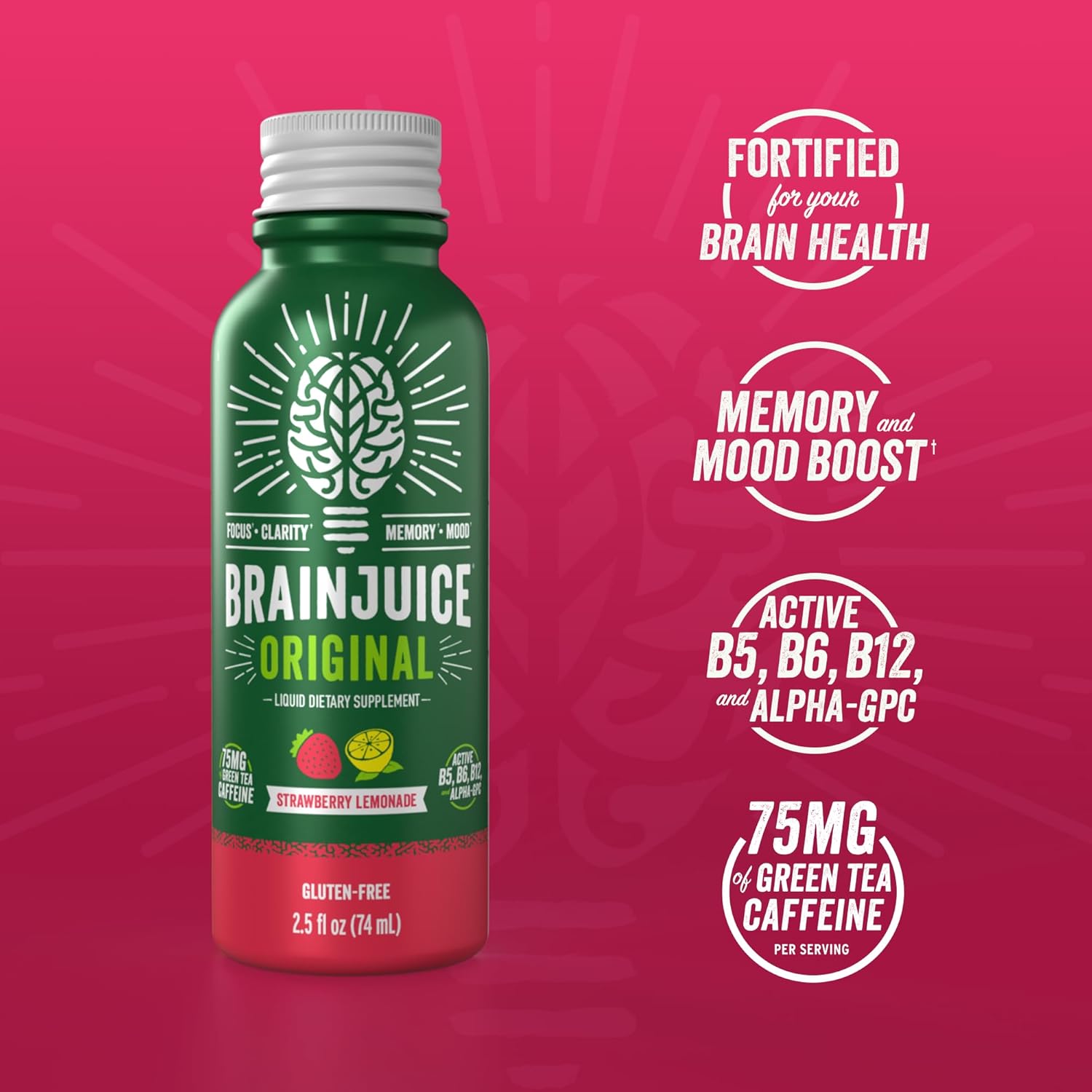 BrainJuice Energy & Focus Shot, Gluten Free Supplement, Healthy Drinks with Alpha GPC, Vitamin B & Organic Green Tea Extract Caffeine, Strawberry Lemonade, 2.5 fl oz, 12 Pack
