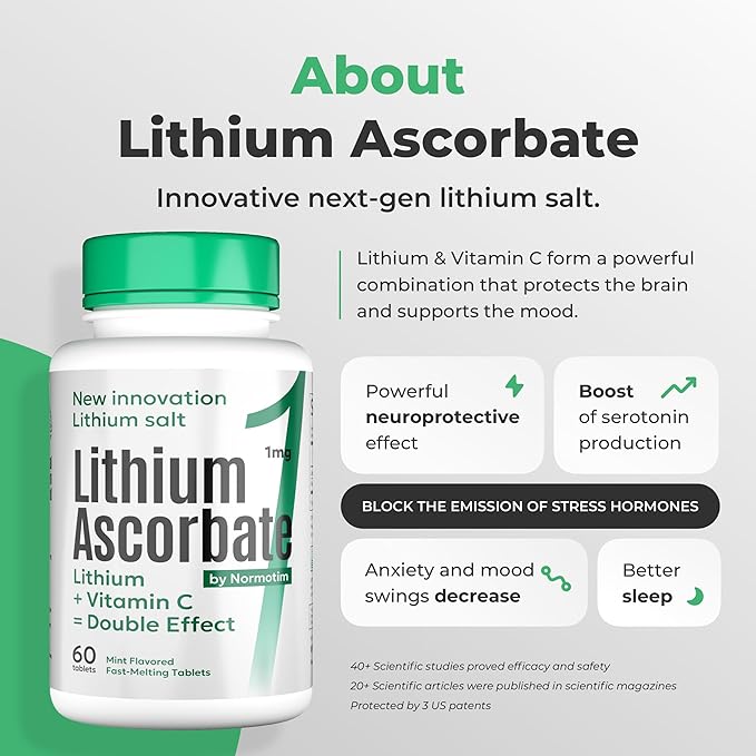Lithium Ascorbate 1mg – Safe Alternative to Lithium Orotate – Microdose Lithium Supplement for Mood, Focus & Calm – Vitamin C Support – 60 Tablets – Made in USA