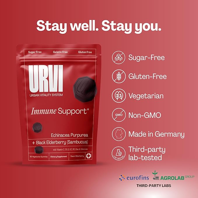URVI® Immune Support Gummies - Vitamin C, D3 K2, E, Niacin, Zinc & Selenium with Elderberry & Echinacea - Multivitamin, Antioxidants, Immunity Supplement - Vegetarian & Sugar Free - 60 Count