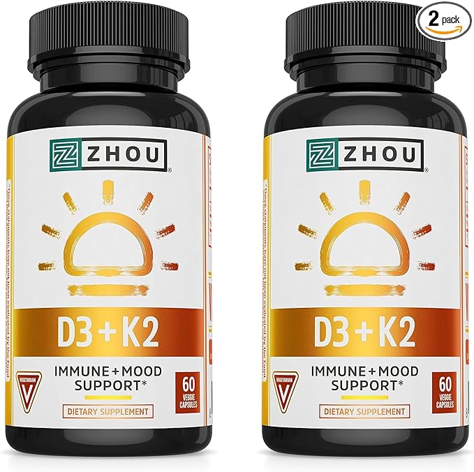 ZHOU D3+K2 - Vitamin D3 K2 Supplement for Women & Men, Immune Support VIT D3 and K2 Supplements, Pure Vegetarian Formula with 5000 IU of VIT D and MK-7-60 Veggie Capsules (Pack of 2)