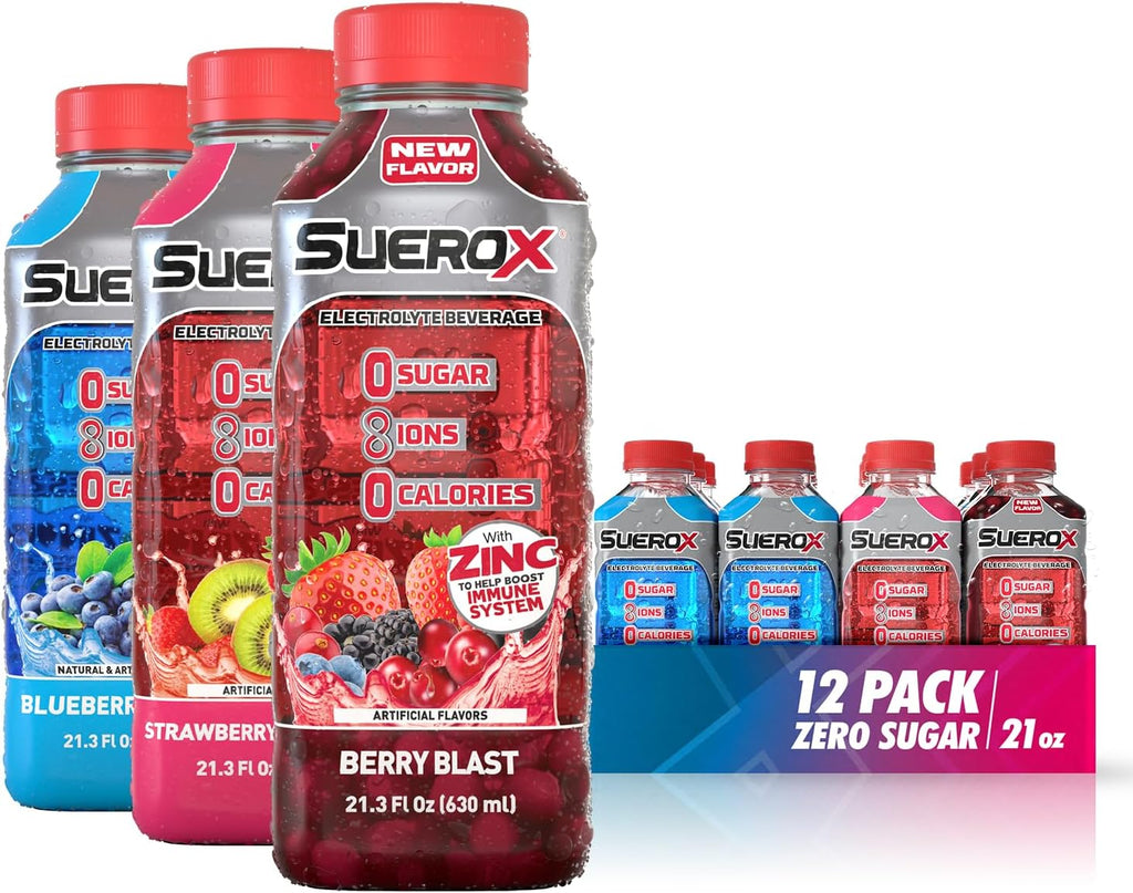 SueroX Sugar-Free Sports Drink for Hydration and Recovery, Electrolyte Hydration Drink with 8 Ions, Zero Calorie Sports Drinks with Electrolytes, Berry Blend Pack, 21.3 Fl Oz, 12 Count